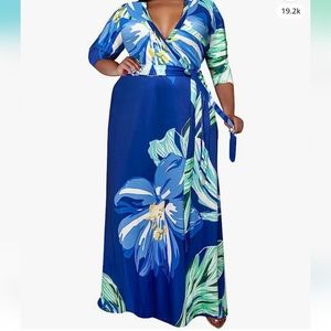 Women Floral Maxi Dress Flowy 3/4 Sleeve with Belt